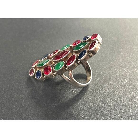 Multi Gemstone Long Finger Ring: 925 Sterling Silver Jewelry - Picture 2 of 7